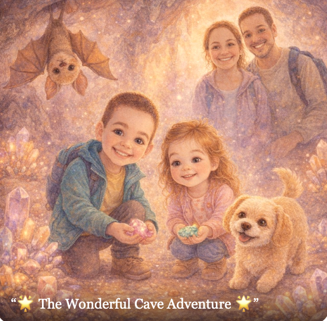 The Wonderful Cave Adventure illustration — two children and their dog discover glowing crystals in a cave, with parents and a friendly bat