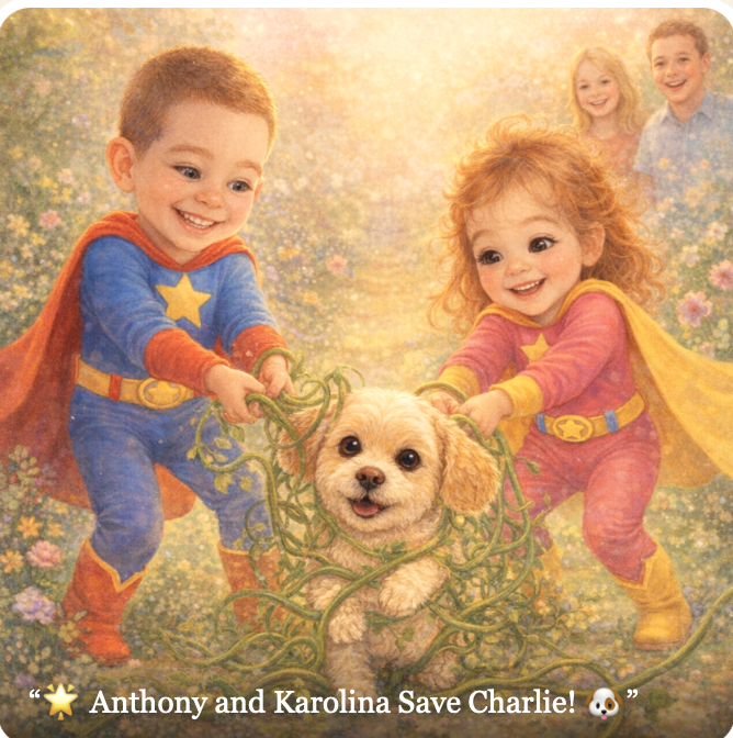 Anthony and Karolina as superheroes saving their puppy Charlie